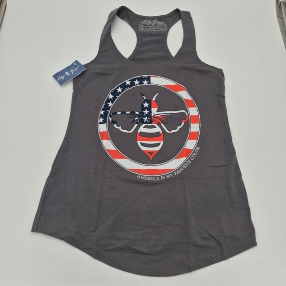 Lily Grace Womens Patriotic Bee American Flag Tank Top Dark Grey Small NWT